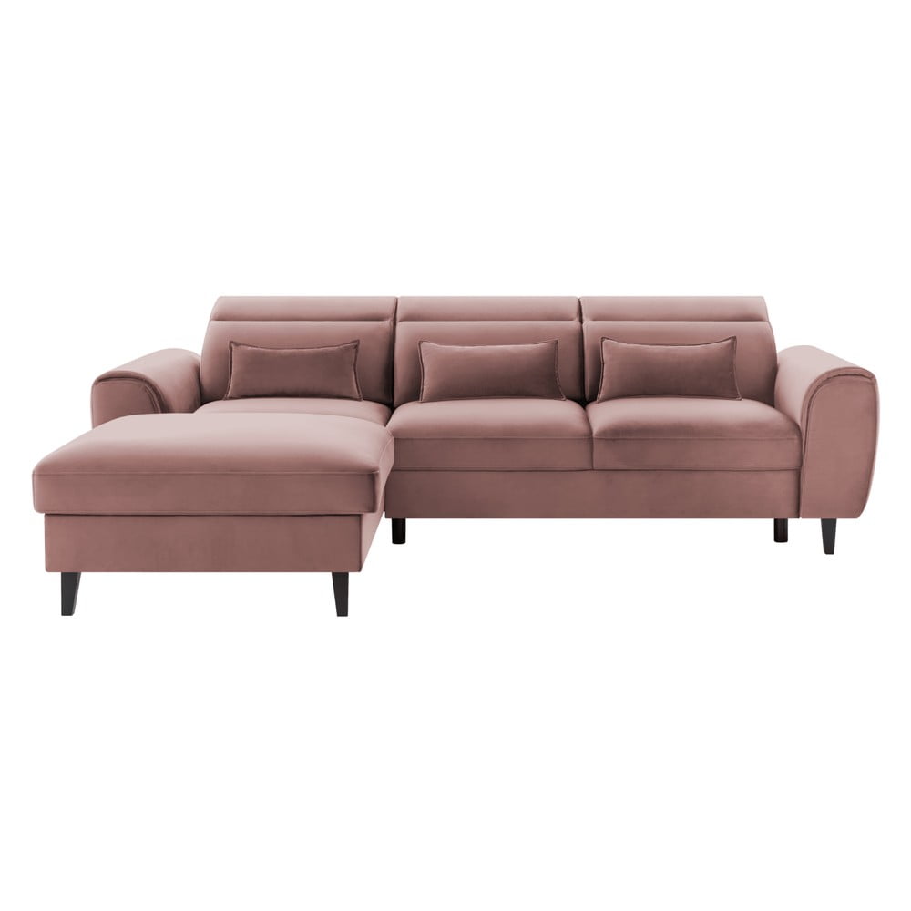 Rózsaszín bársony kinyitható-tárolóhelyes sarokkanapé (bal oldali-heverő résszel) Foble – ELTAP