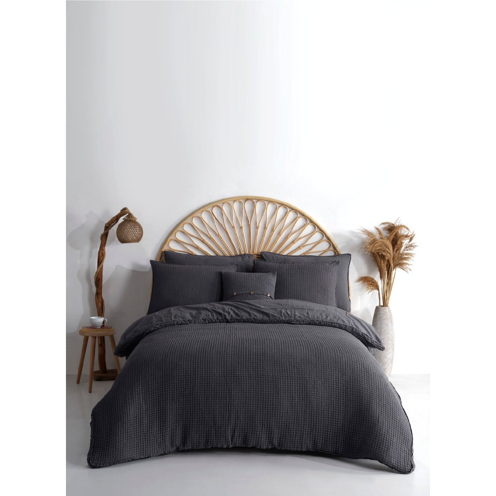 Antracitszürke egyszemélyes renforcé pamut ágyneműhuzat 140x200 cm Waffle Striped – Mila Home Luxury