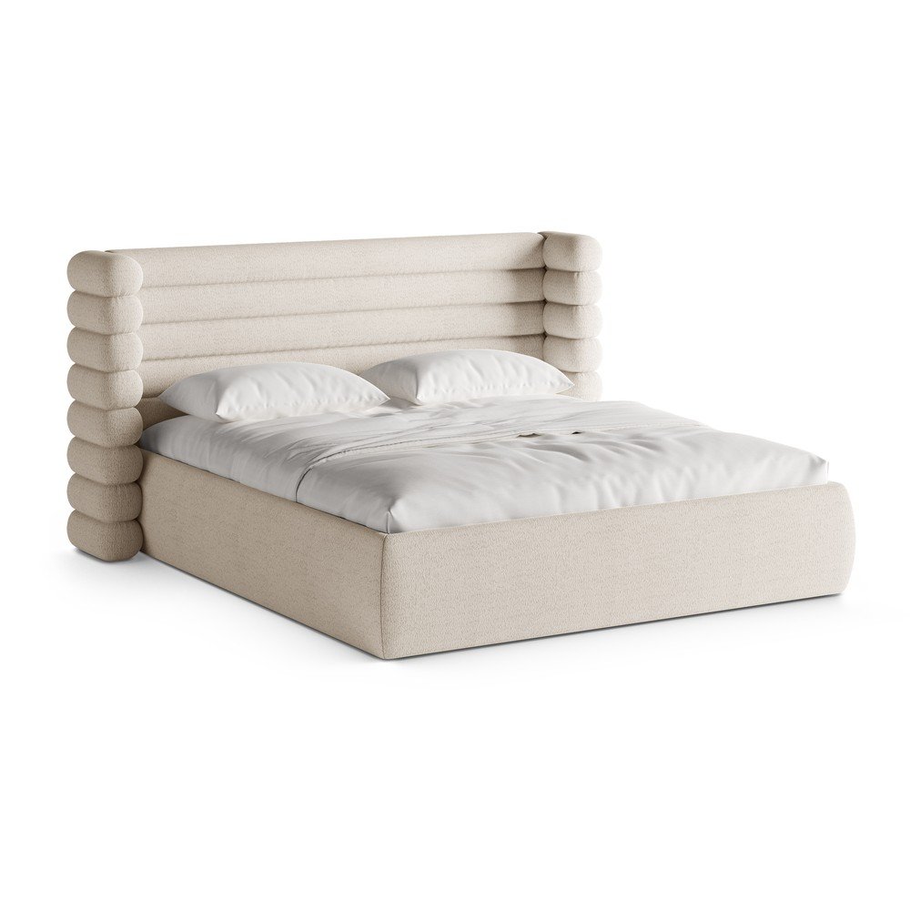 Bézs kárpitozott ágyneműtartós franciaágy ágyráccsal 200x200 cm Mount – Micadoni