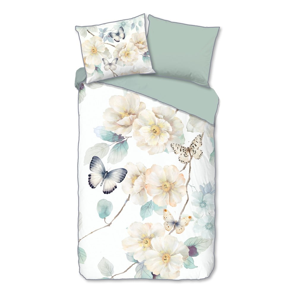 Fehér-zöld egyszemélyes-hosszabbított pamut-szatén ágyneműhuzat 140x220 cm Adiwanya – Descanso