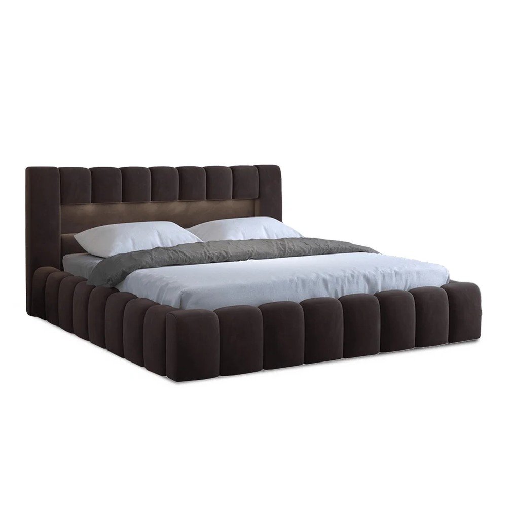 Sötétbarna kárpitozott ágyneműtartós franciaágy ágyráccsal 140x200 cm Lamica – ELTAP