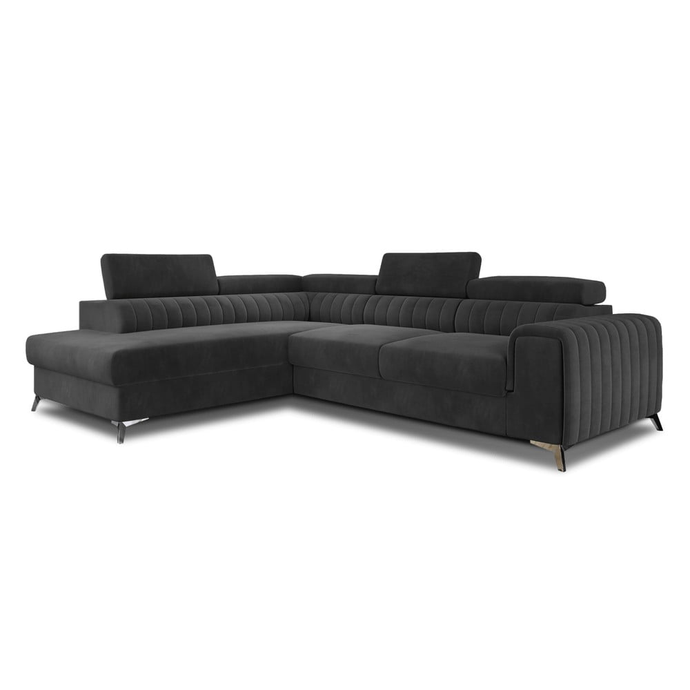 Sötétszürke bársony kinyitható-tárolóhelyes sarokkanapé (bal oldali-L alakú) Laurence – ELTAP