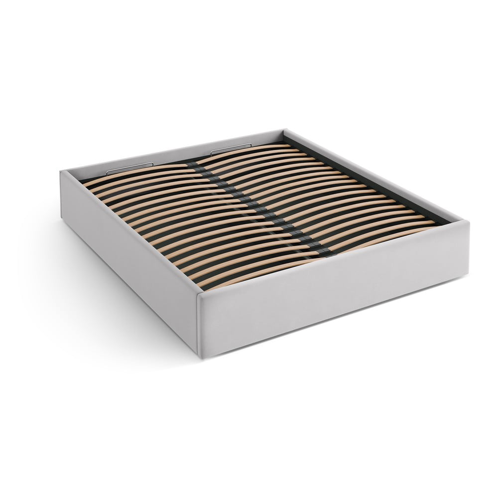 Világosszürke kárpitozott ágyneműtartós-ágytámla nélkül franciaágy ágyráccsal 140x200 cm Susan – Micadoni